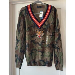Polo Ralph Lauren Camouflage Tiger Patch Varsity Cable Knit Sweater Size L NWT